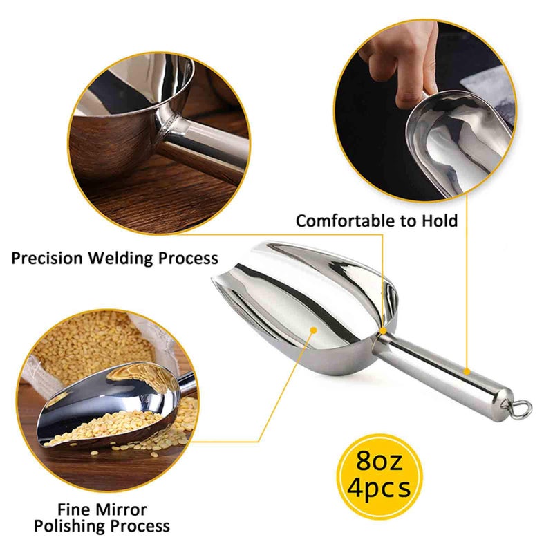 TeamFar Ice Scoop Set of 4, 8 Oz Stainless Steel Utility Metal Scoop for Food Candy Popcorn and More, Healthy & Sturdy, Easy Clean & Dishwasher Safe - Image 2